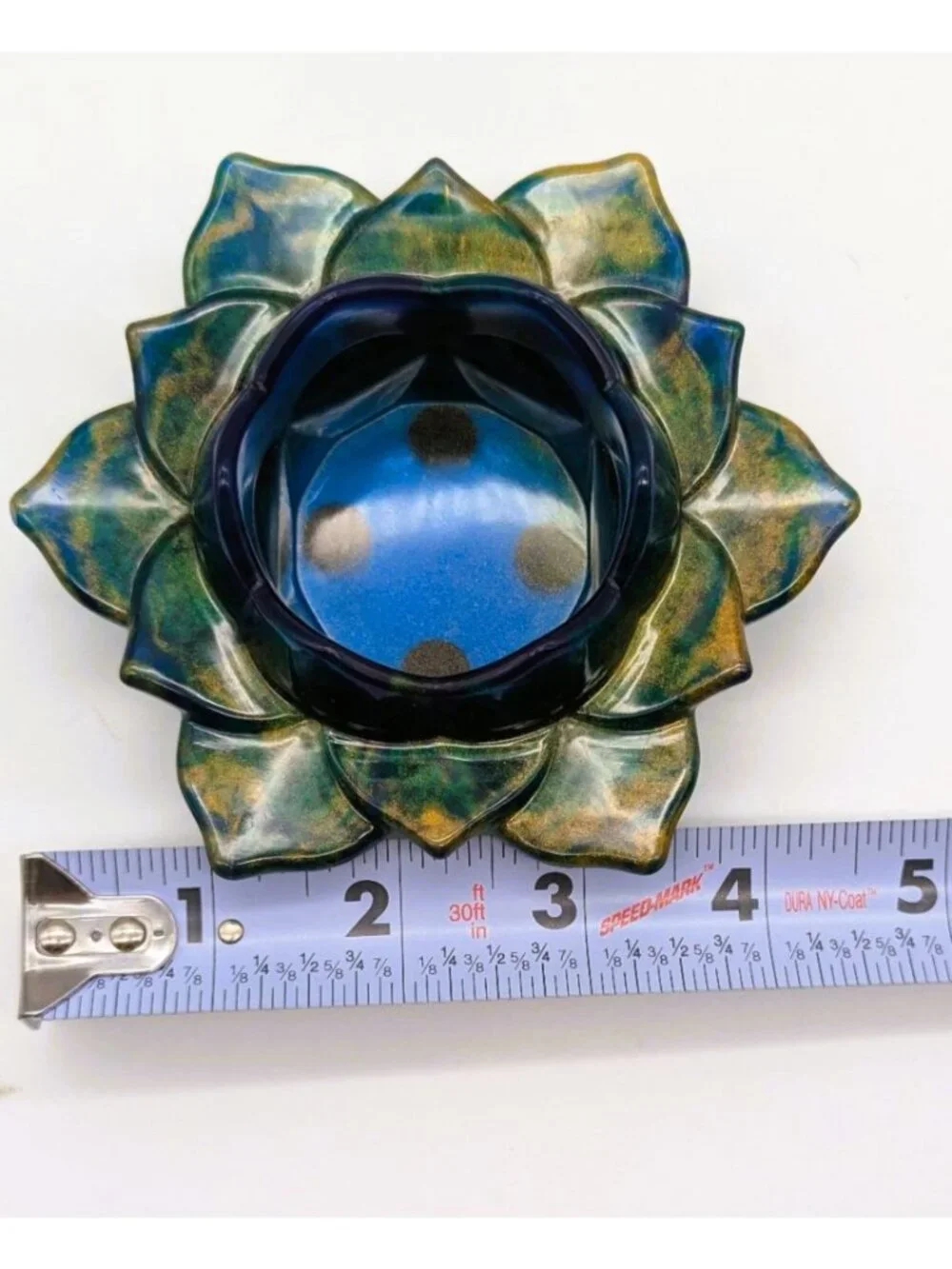 Lotus Flower Resin Tealight Holder Green, Gold & Blue 4.5